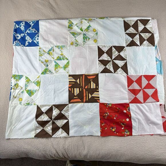 Unfinished Hand Stitched Patchwork Quilt Top 95" x 74" Americana Vtg Colorful - Picture 5 of 10